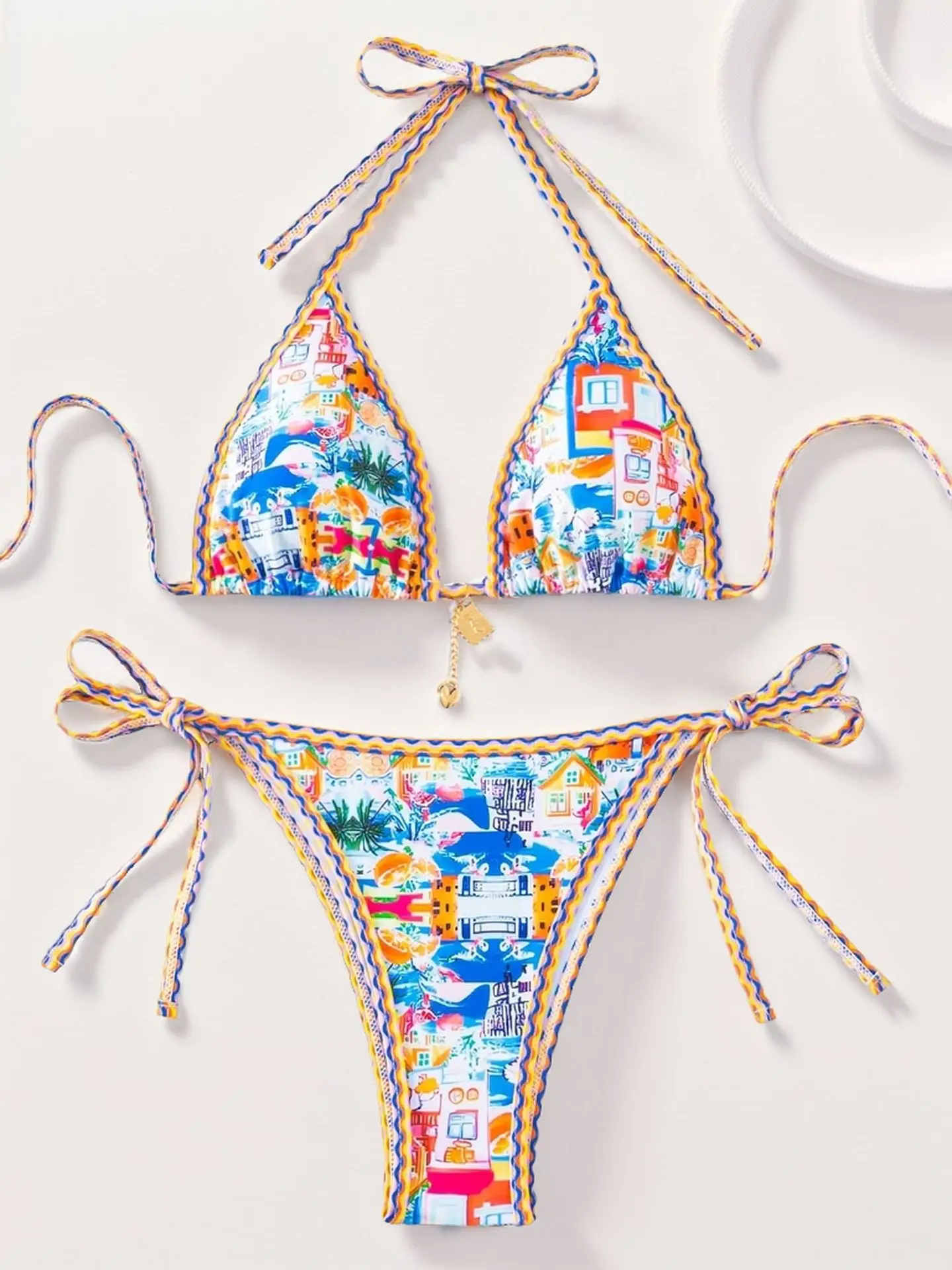Bikini damskie kwiatowe z wiązaniem na szyi push up Pomarańczowy