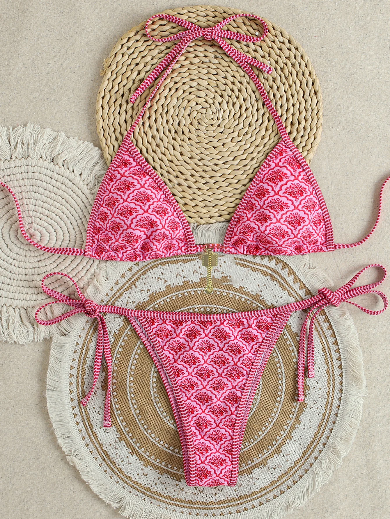 Bikini damskie kwiatowe z wiązaniem na szyi push up Pink5