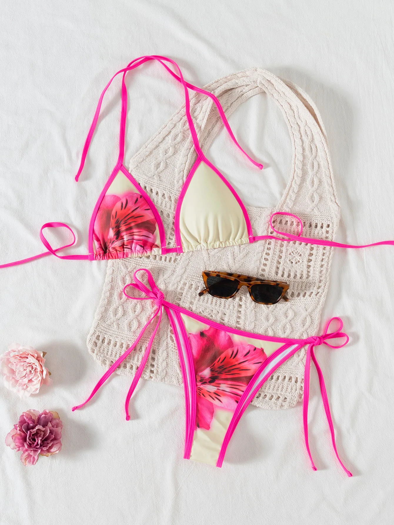 Bikini damskie kwiatowe z wiązaniem na szyi push up Pink6