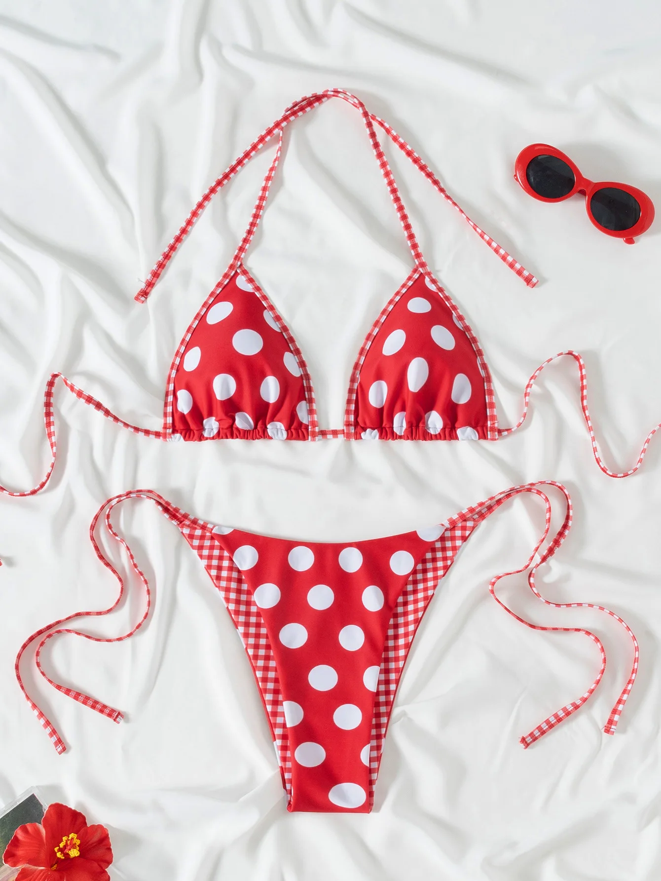 Bikini damskie kwiatowe z wiązaniem na szyi push up Czerwony