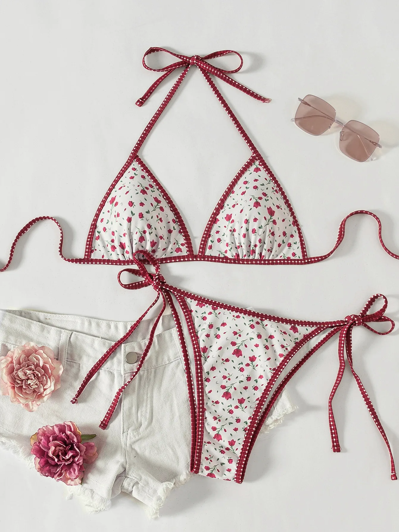 Bikini damskie kwiatowe z wiązaniem na szyi push up Biały