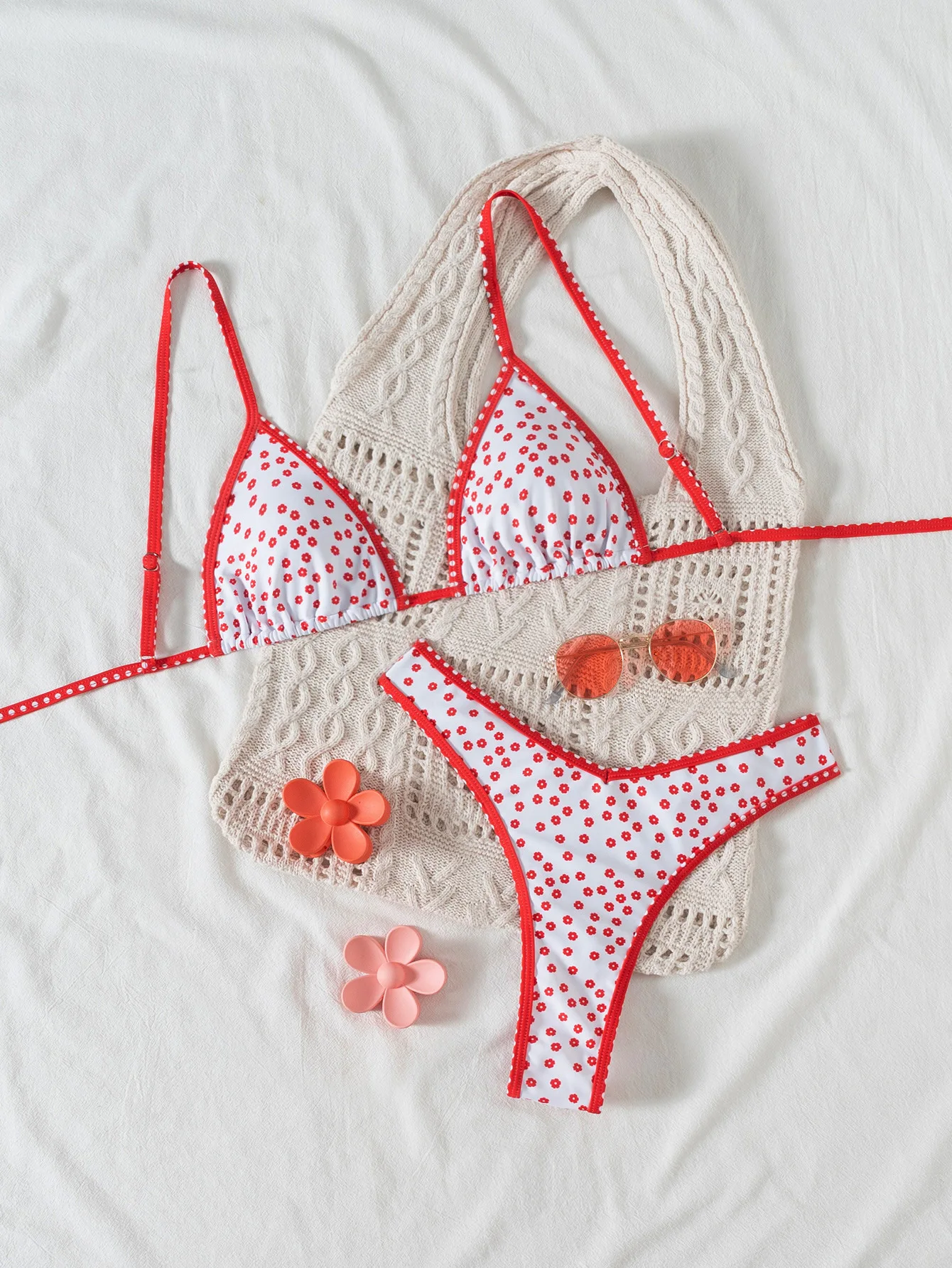 Bikini damskie kwiatowe z wiązaniem na szyi push up White3