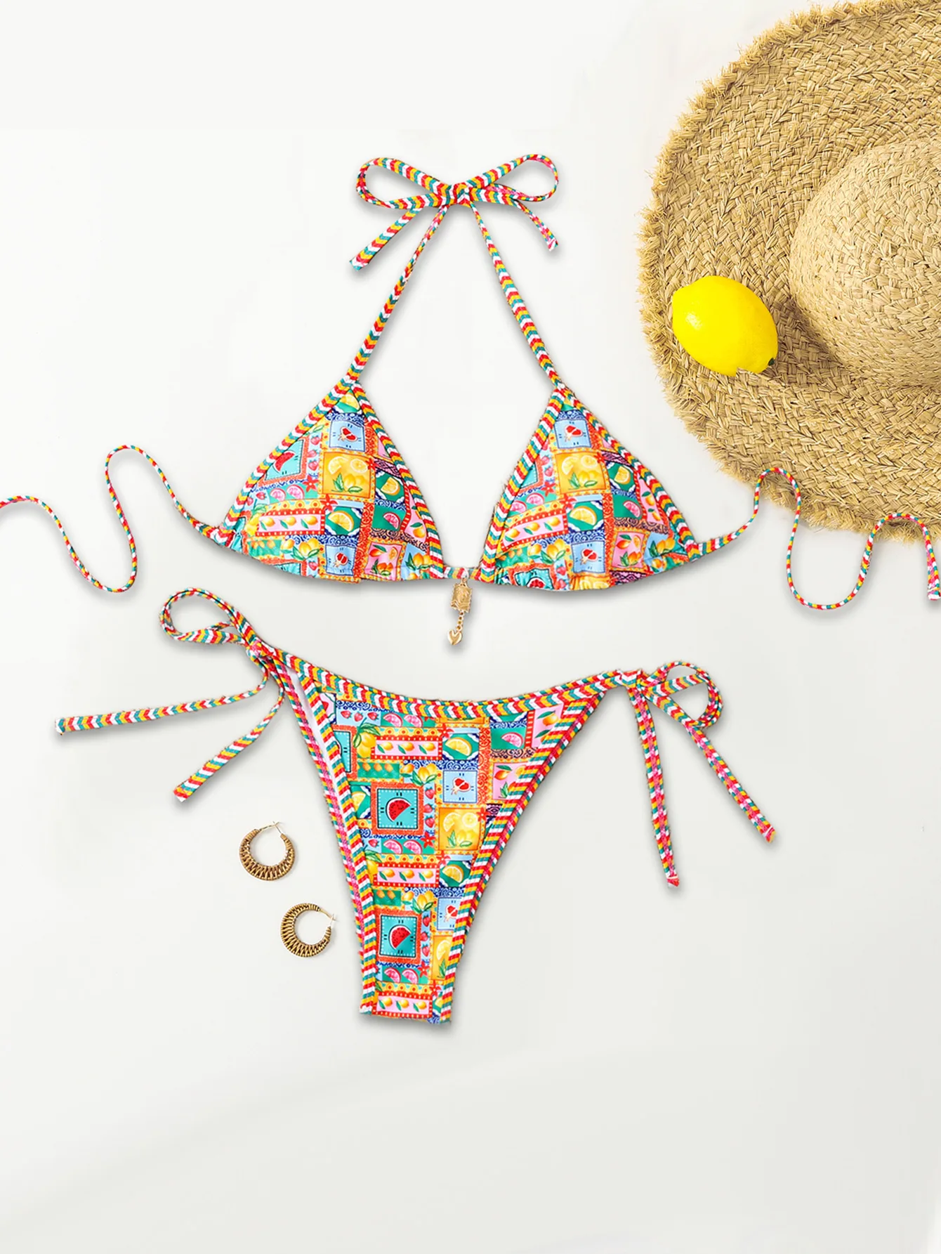 Bikini damskie kwiatowe z wiązaniem na szyi push up Żółty