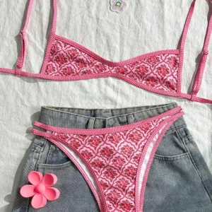 Bikini damskie kwiatowe z wysokim stanem - dwuczęściowy strój kąpielowy Różowy