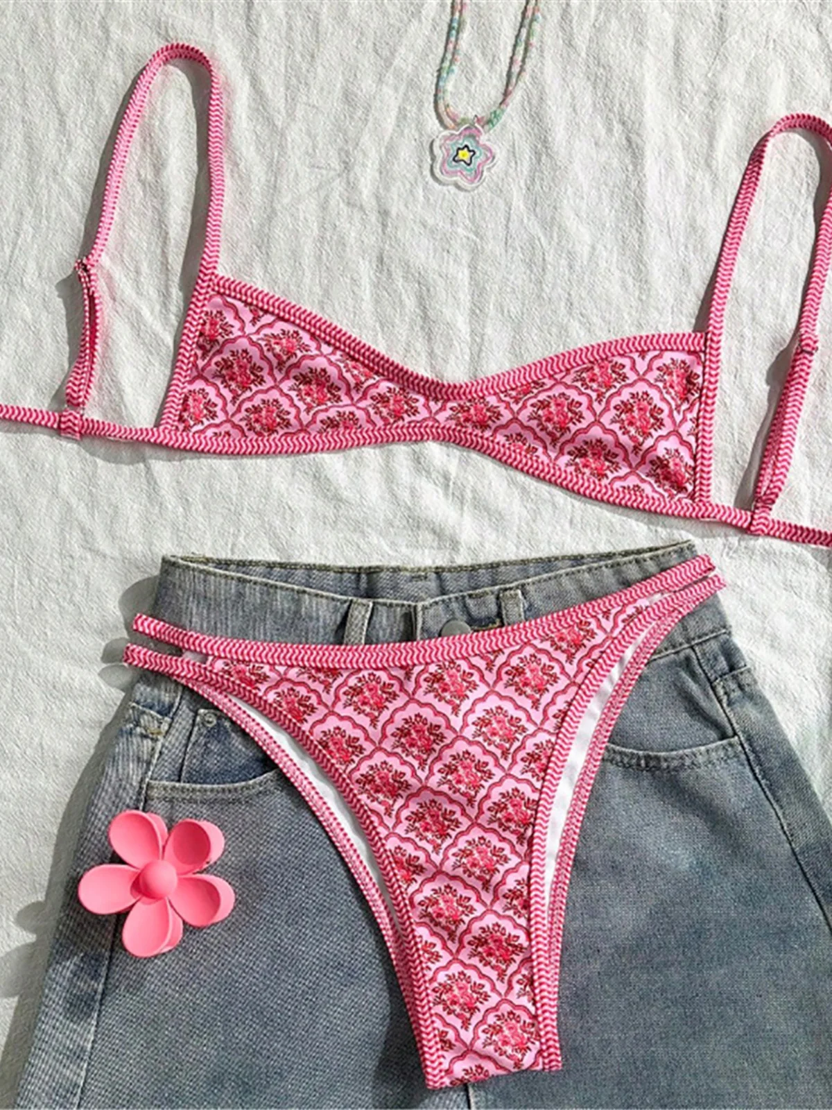 Bikini damskie kwiatowe z wysokim stanem - dwuczęściowy strój kąpielowy Różowy