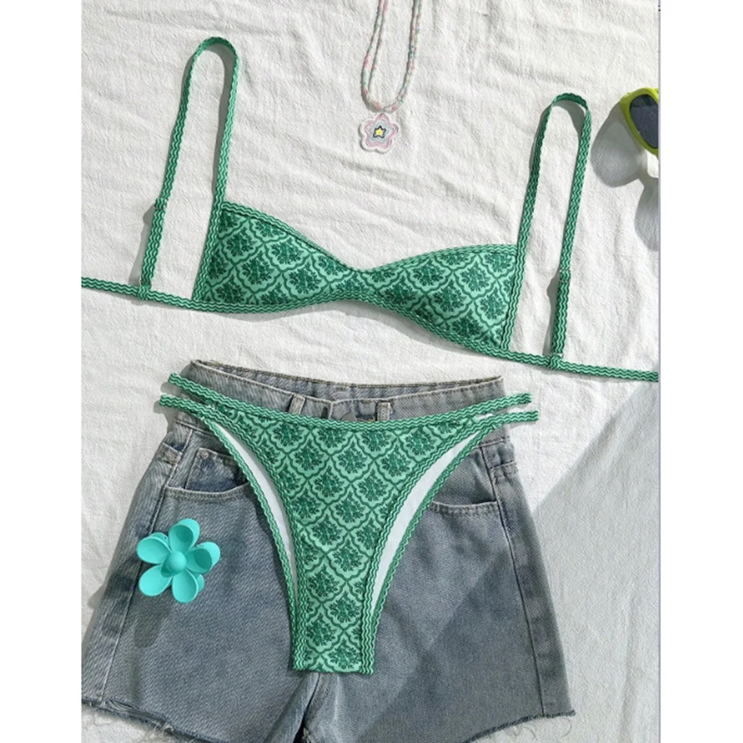 Bikini damskie kwiatowe z wysokim stanem - dwuczęściowy strój kąpielowy Zielony