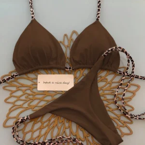 Damskie bikini w panterkę - kostium kąpielowy z figami typu stringi Brązowy