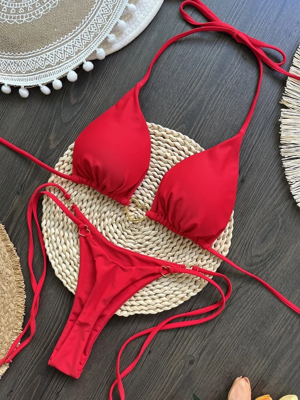 Damski strój kąpielowy bikini z wiązaniem i stringami 0040a