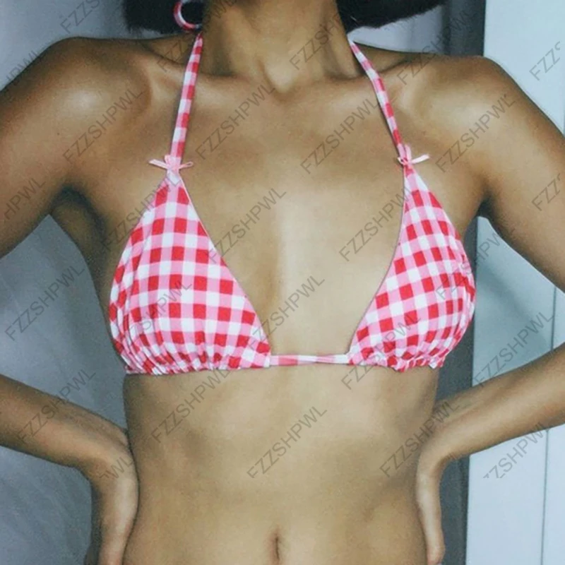 Bikini dwuczęściowe w kratę damskie letnie Kremowo biały