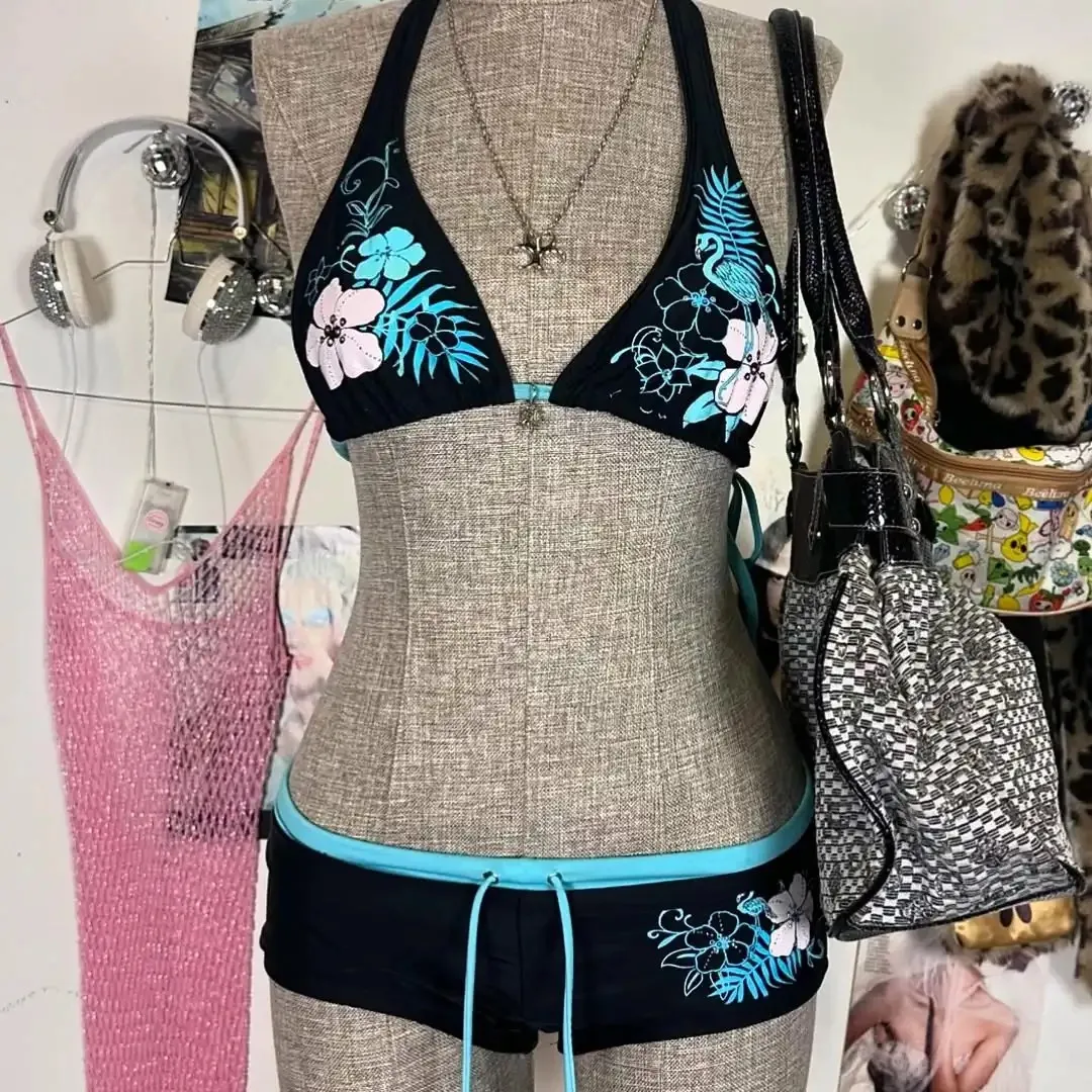 Bikini koronkowe z odkrytymi plecami sexy - strój kąpielowy 2025 Niebieski
