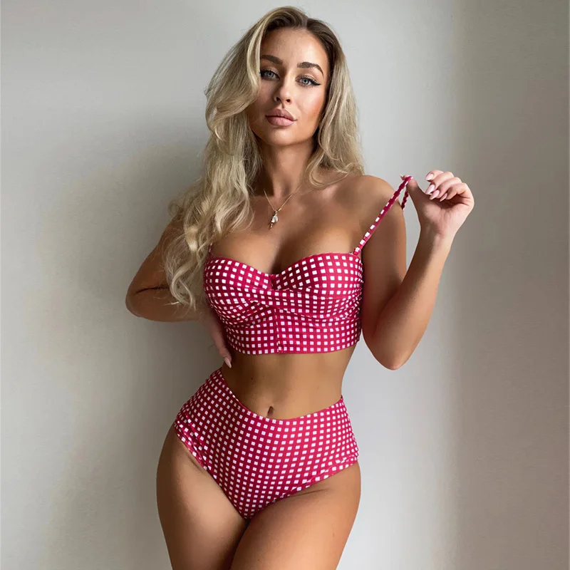 Bikini w kratę z wysokim stanem Push-Up rozmiary S–3XL Róża czerwona