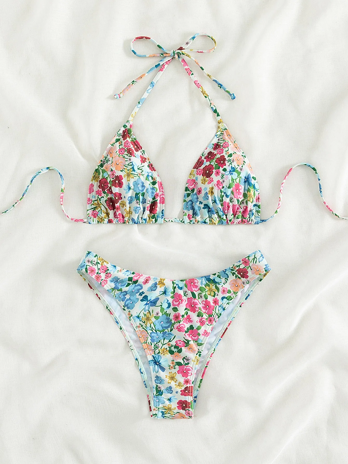 Bikini w kwiaty bandeau bez ramiączek z wiązaniem Niebieski