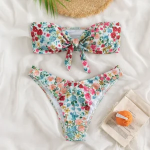 Bikini w kwiaty bandeau bez ramiączek z wiązaniem Wielo