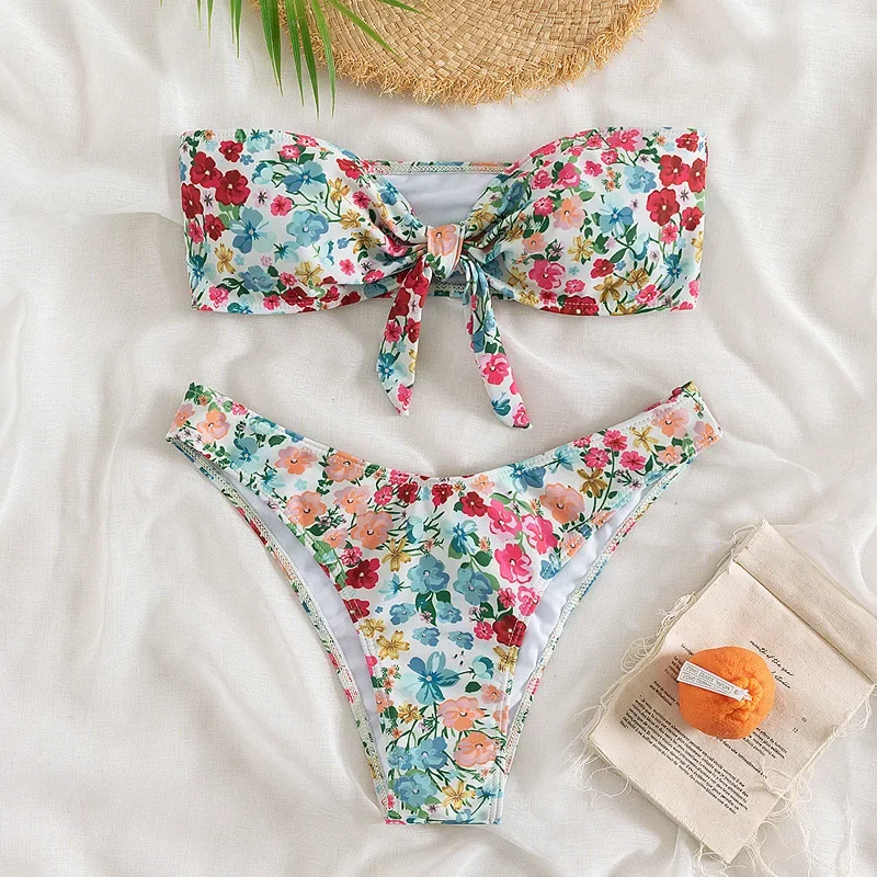 Bikini w kwiaty bandeau bez ramiączek z wiązaniem Wielo