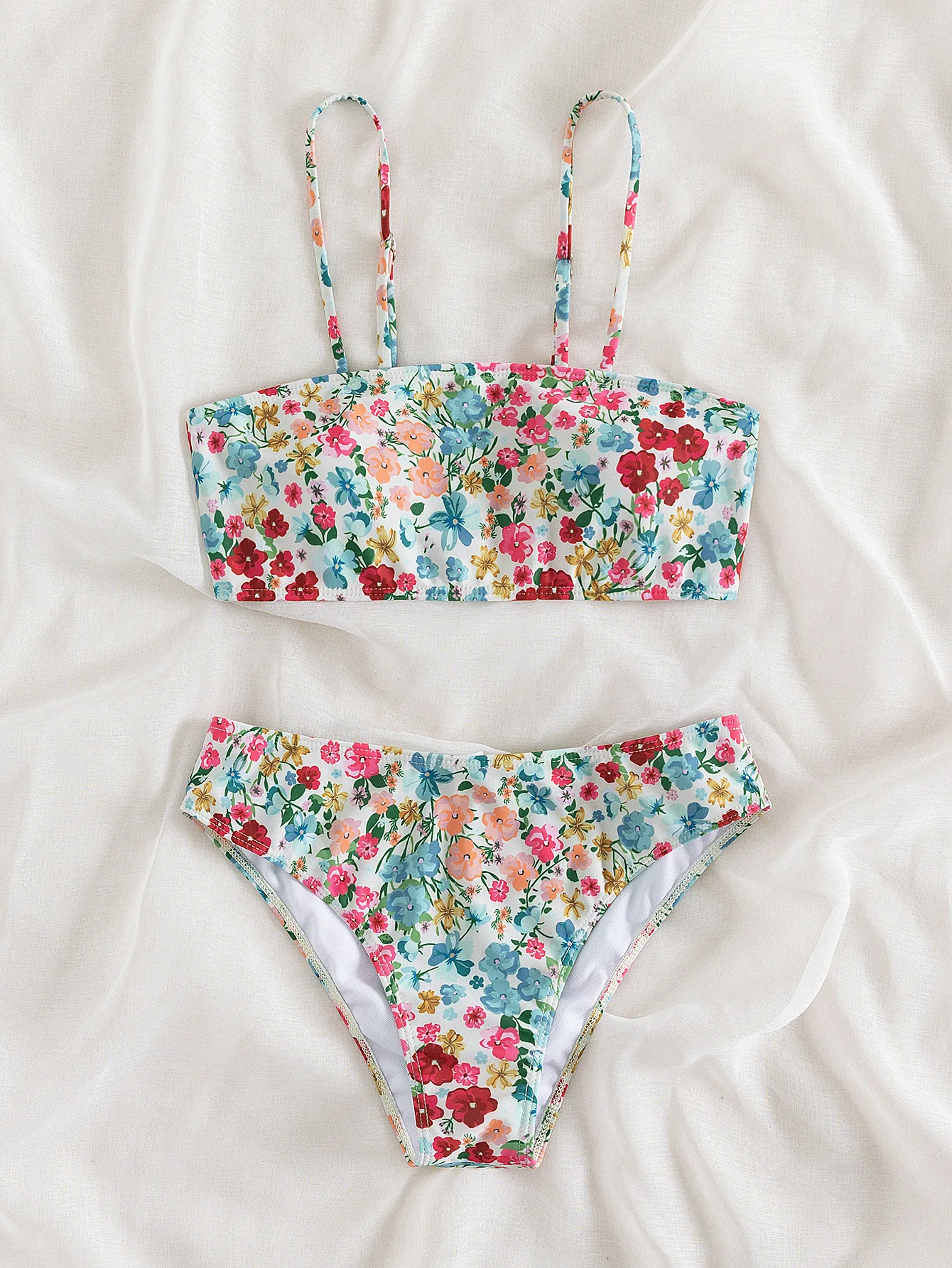 Bikini w kwiaty bandeau bez ramiączek z wiązaniem Zielony