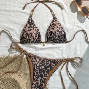 Bikini w panterkę dwuczęściowy strój kąpielowy beżowy Beżowy