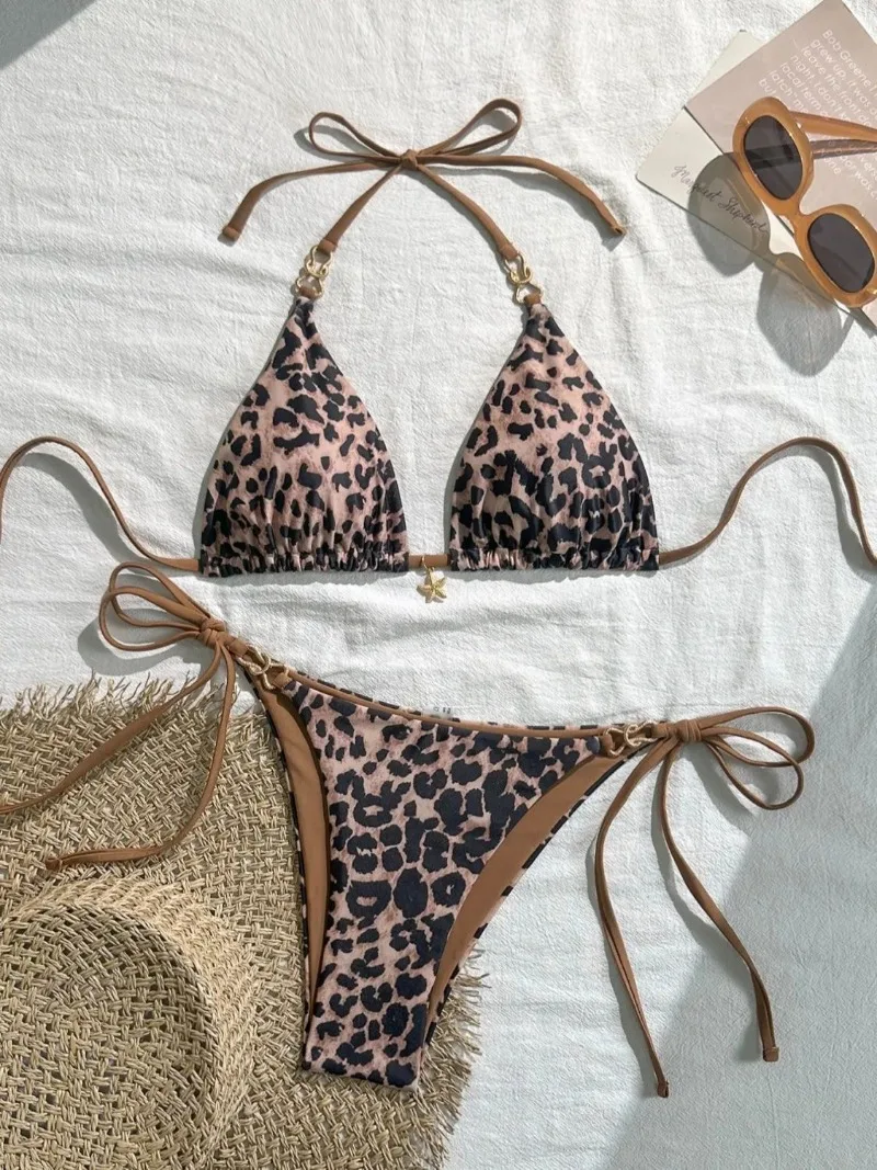 Bikini w panterkę dwuczęściowy strój kąpielowy beżowy Beżowy