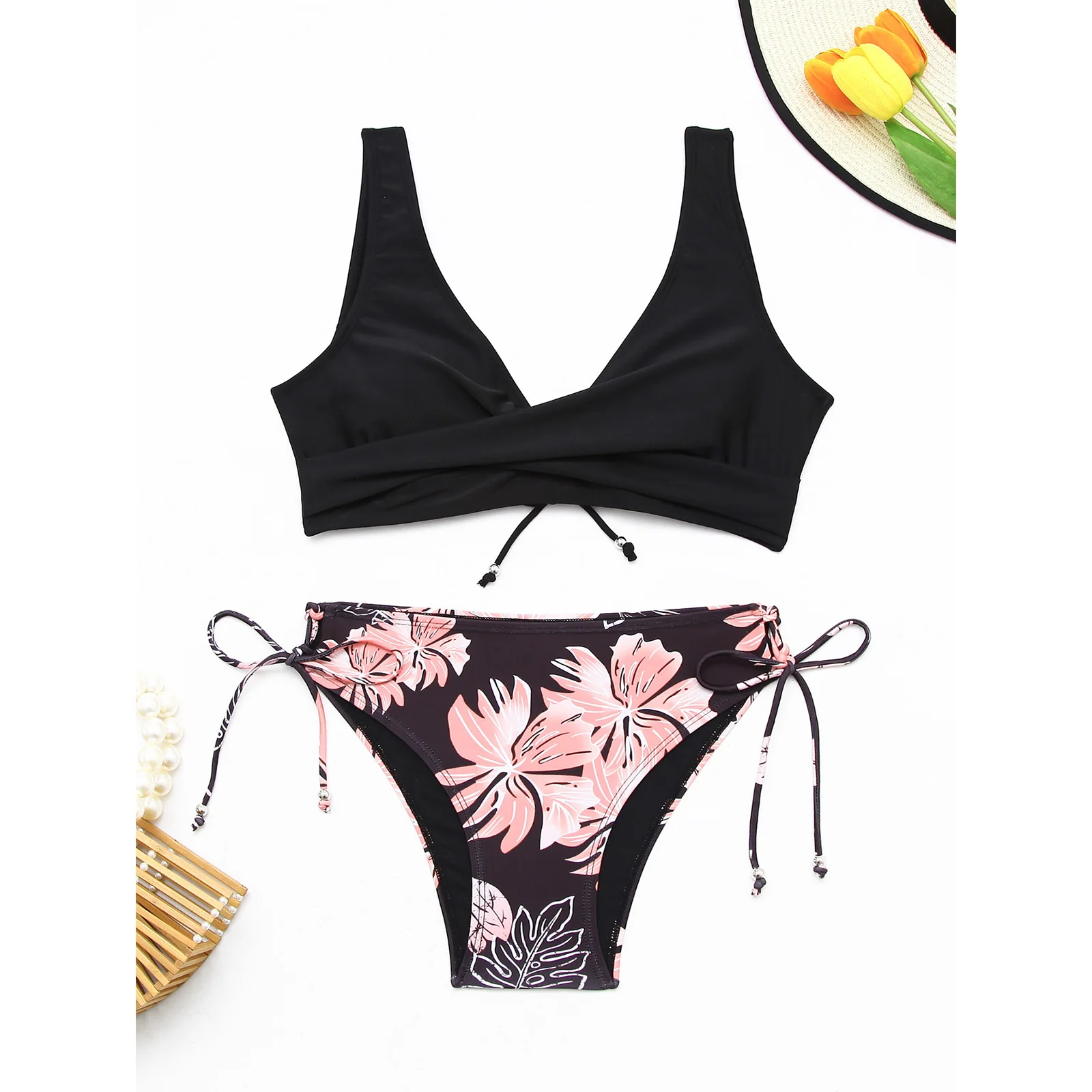 Dwuczęściowe bikini push-up z kwiatowym wzorem Czarny