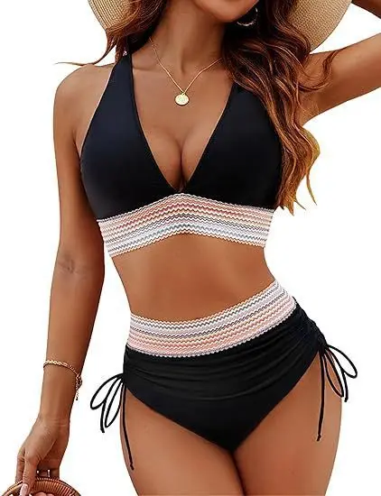 Damski strój kąpielowy bikini push-up wysoki stan Czarny