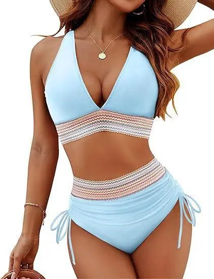 Damski strój kąpielowy bikini push-up wysoki stan Jasnoniebieski