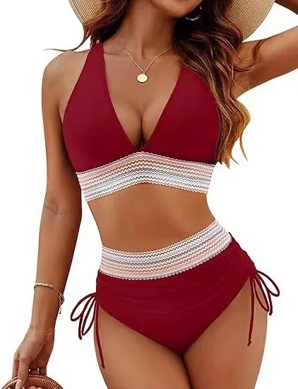 Damski strój kąpielowy bikini push-up wysoki stan Bordowy