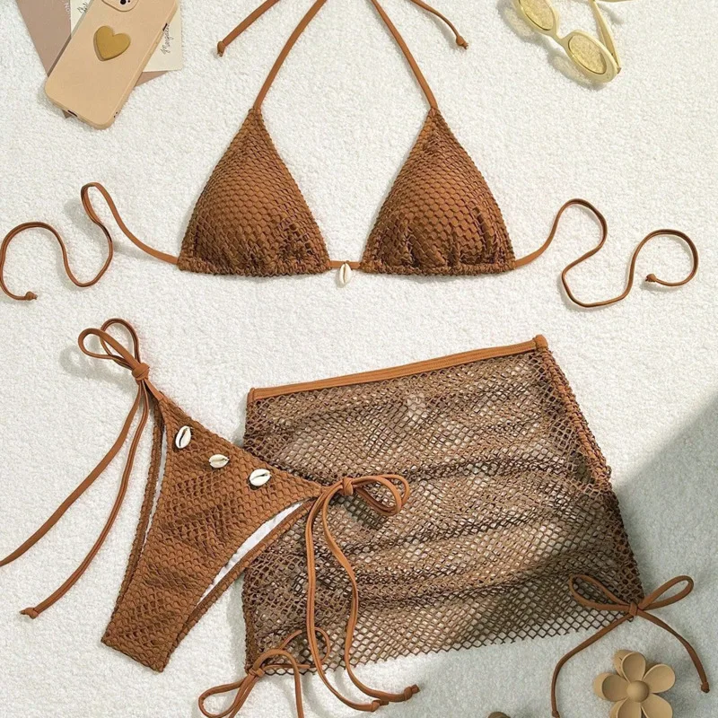 Bikini siatkowe damskie trzyczęściowy strój kąpielowy plażowy Malachitowe niebieskie