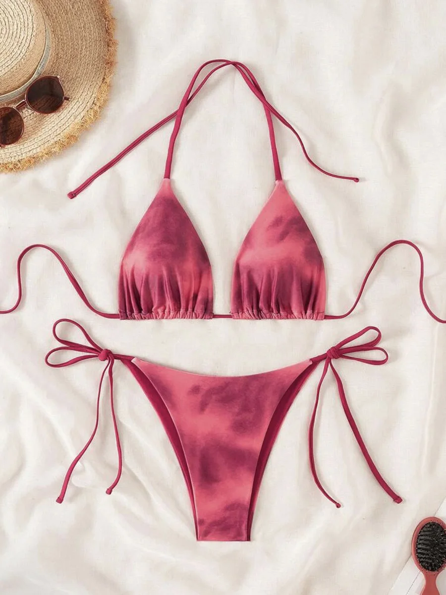 Bikini tie-dye mini string — dwuczęściowy strój kąpielowy Bordowy