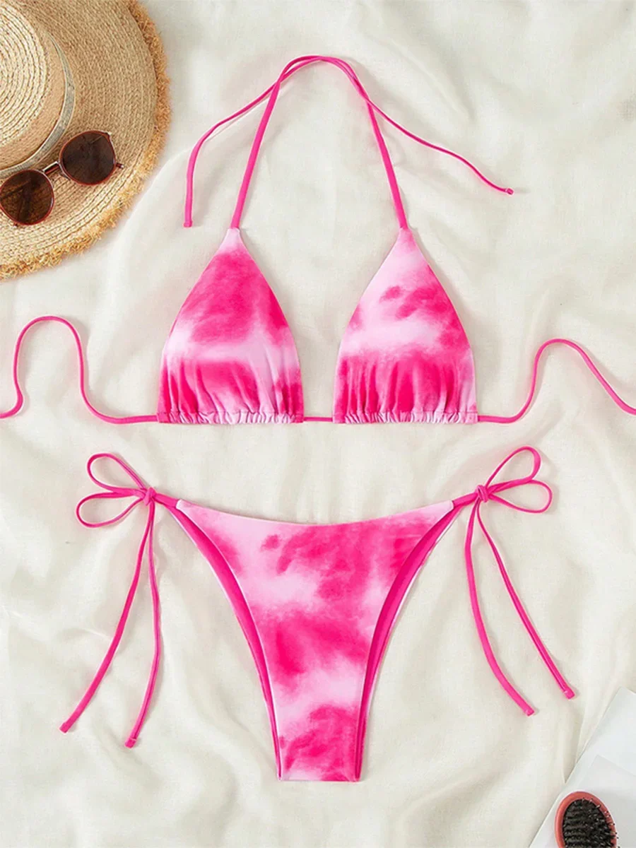 Bikini tie-dye mini string — dwuczęściowy strój kąpielowy Róża czerwona