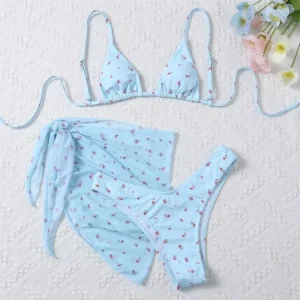 Bikini trójkątne kwiatowe 3-częściowe damski strój kąpielowy Błękitny
