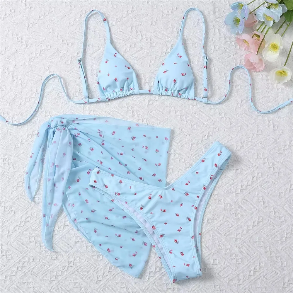 Bikini trójkątne kwiatowe 3-częściowe damski strój kąpielowy Błękitny