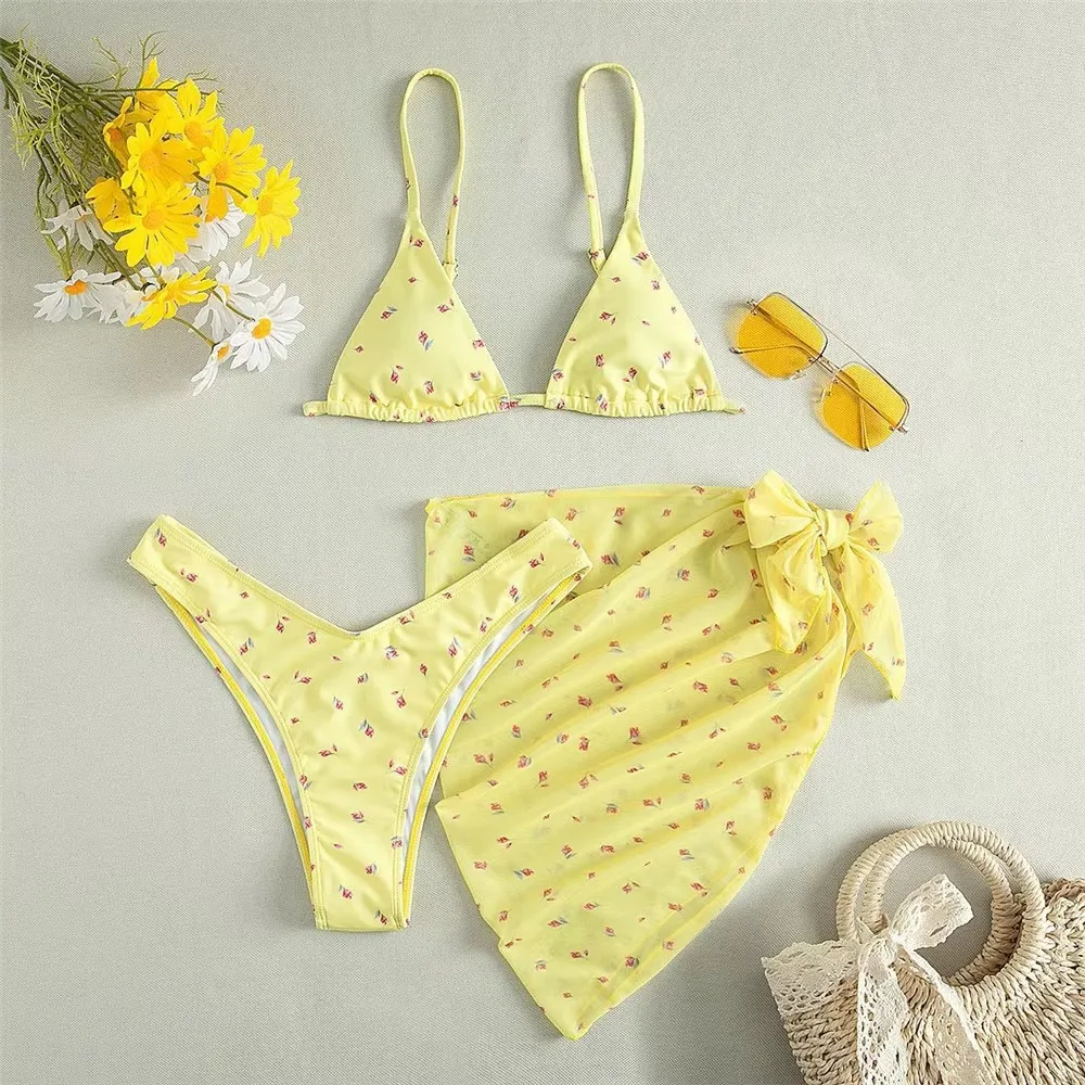 Bikini trójkątne kwiatowe 3-częściowe damski strój kąpielowy żółty