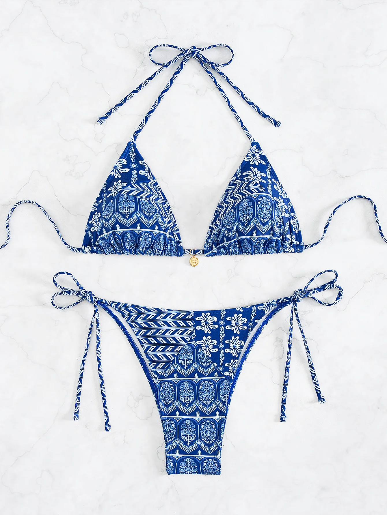 Bikini trójkątne push-up z kwiatowym wzorem brazylijskie figi Beżowy