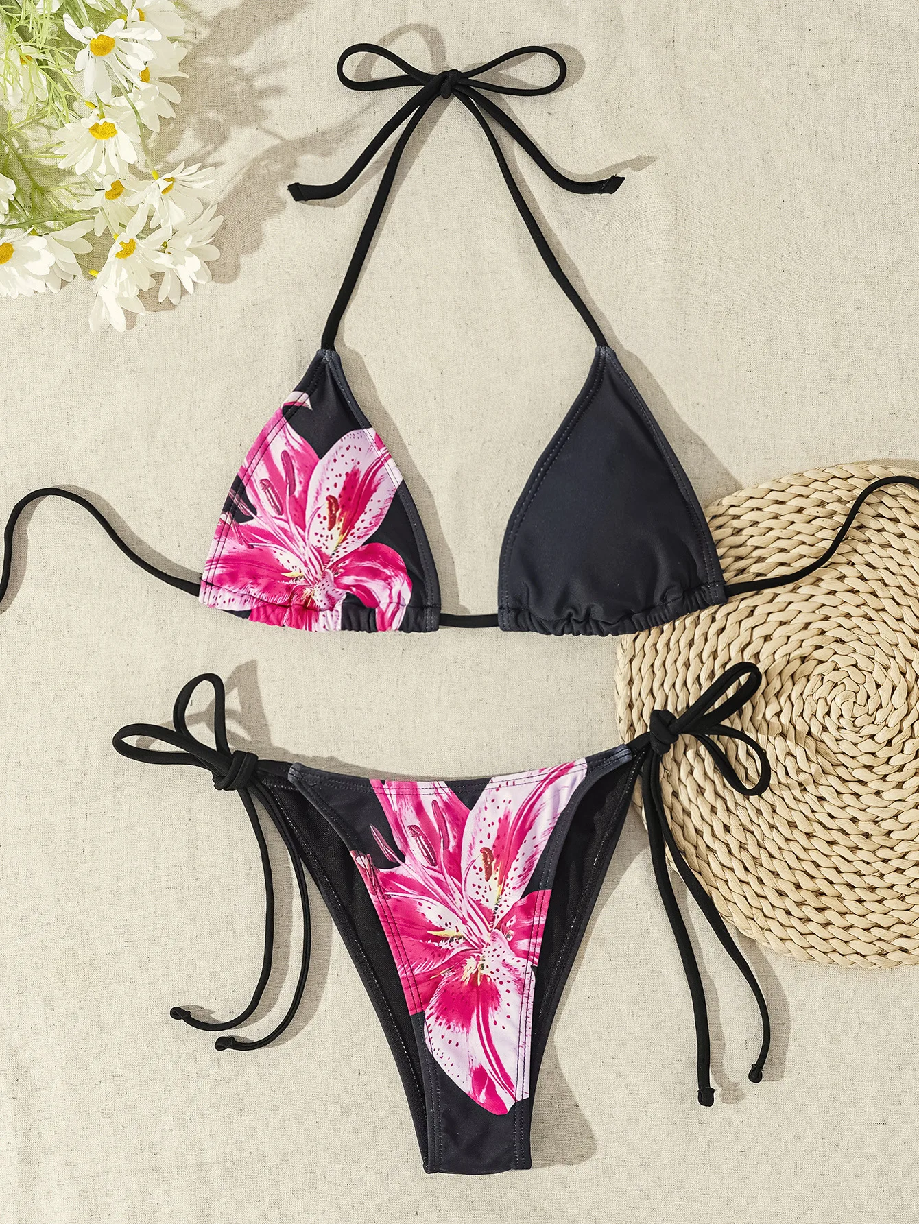 Bikini trójkątne push-up z kwiatowym wzorem brazylijskie figi Czekolada