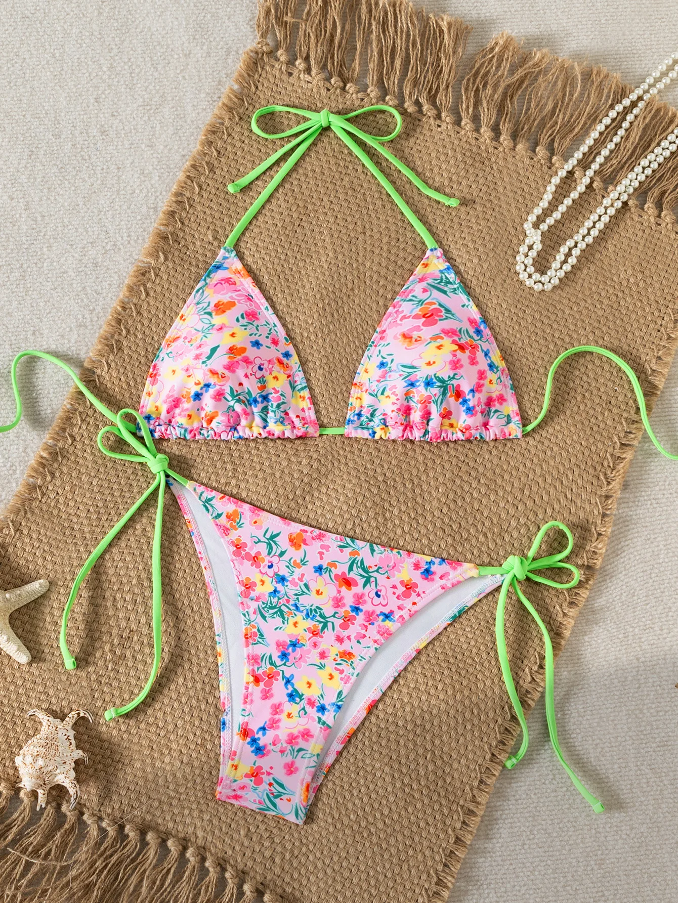 Bikini trójkątne push-up z kwiatowym wzorem brazylijskie figi Jasny brąz