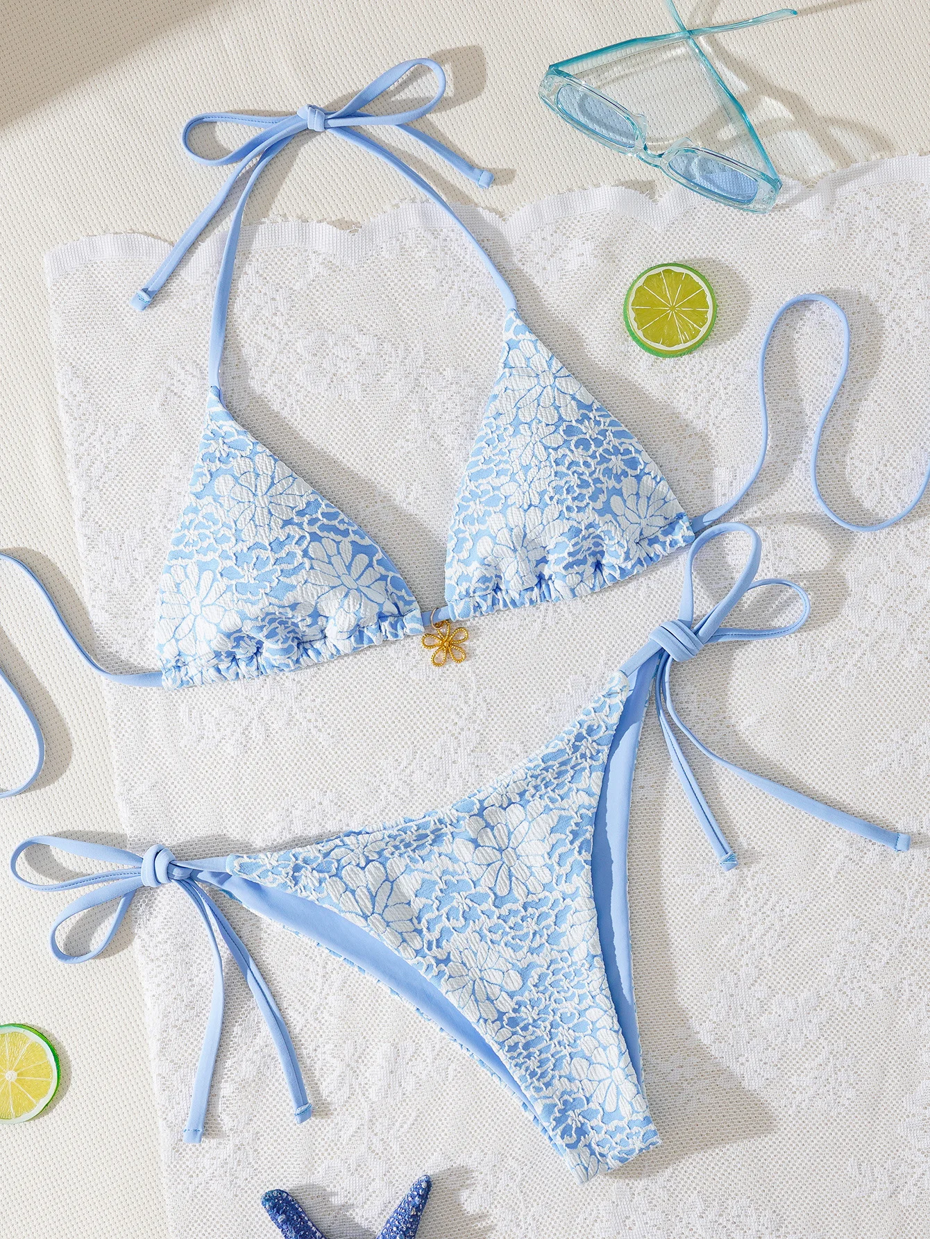Bikini trójkątne push-up z kwiatowym wzorem brazylijskie figi Jasny żółty