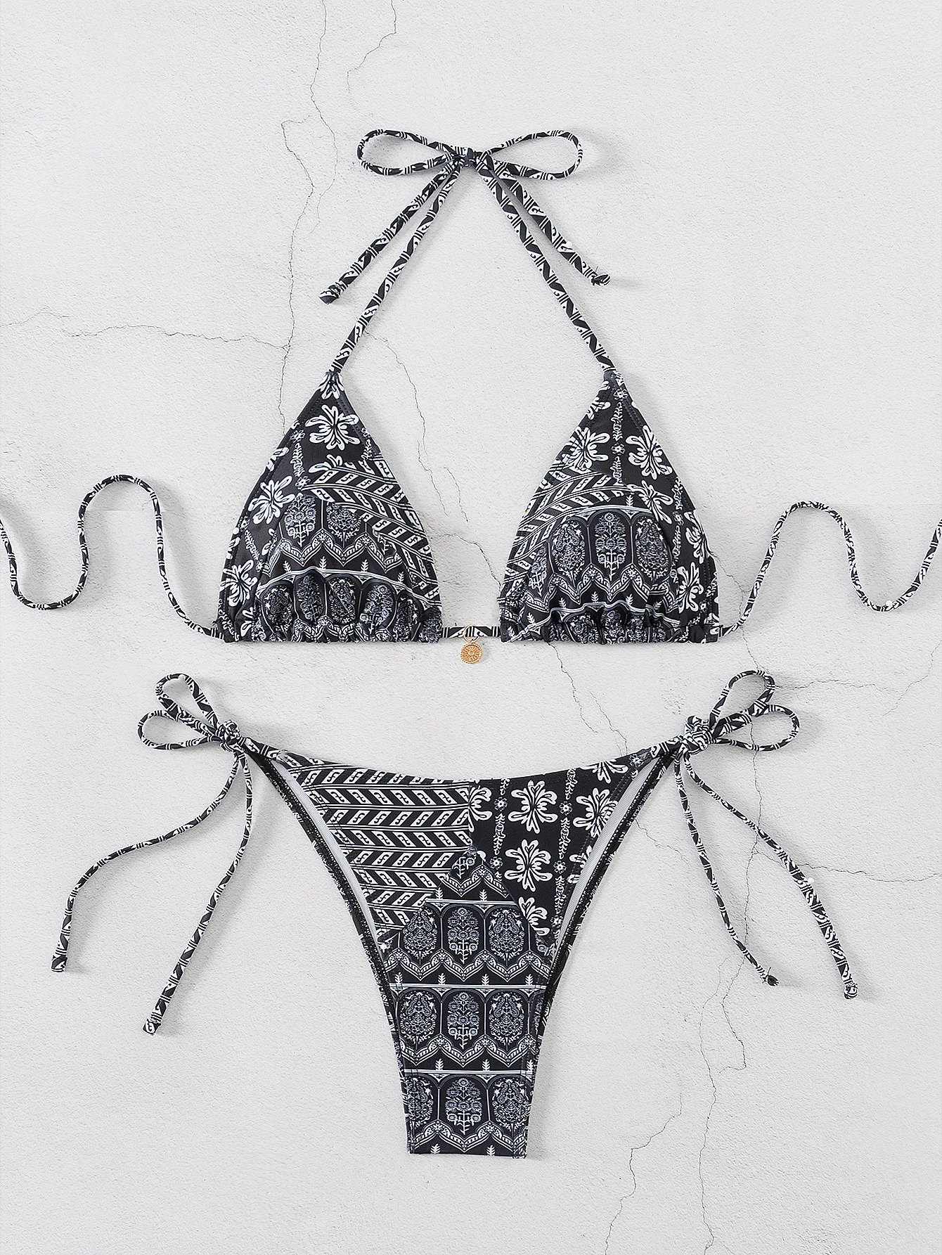 Bikini trójkątne push-up z kwiatowym wzorem brazylijskie figi Khaki