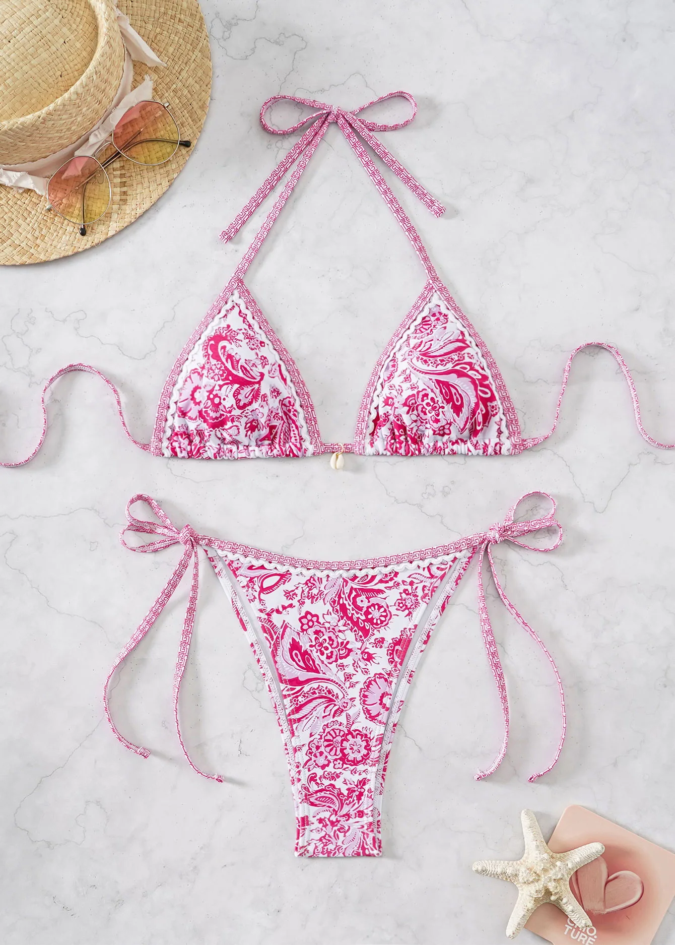 Bikini trójkątne push-up z kwiatowym wzorem brazylijskie figi Niebieski