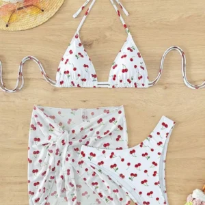 Trzyczęściowy strój kąpielowy bikini z nadrukiem wiśni i spódniczką Biały