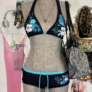 Bikini vintage kwiatowy wzór szorty wiązane na szyi Niebieski