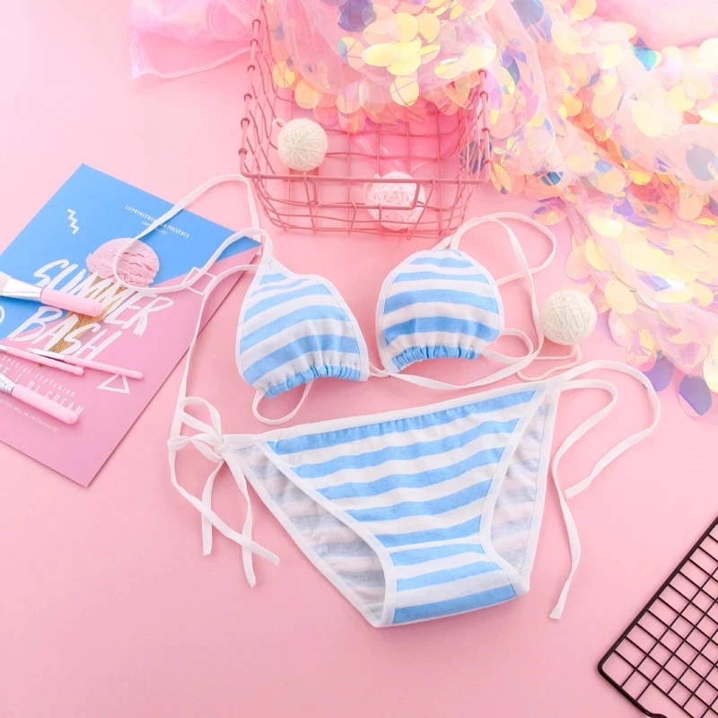 Bikini w paski z wiązaniem — styl kawaii Beżowy