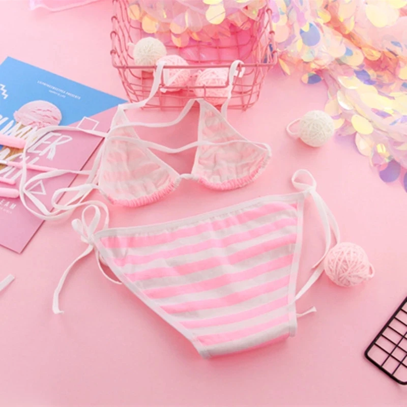 Bikini w paski z wiązaniem — styl kawaii Niebieski