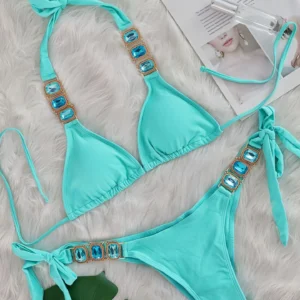 Bikini z kryształkami i cyrkoniami — luksusowy strój kąpielowy Turkusowy