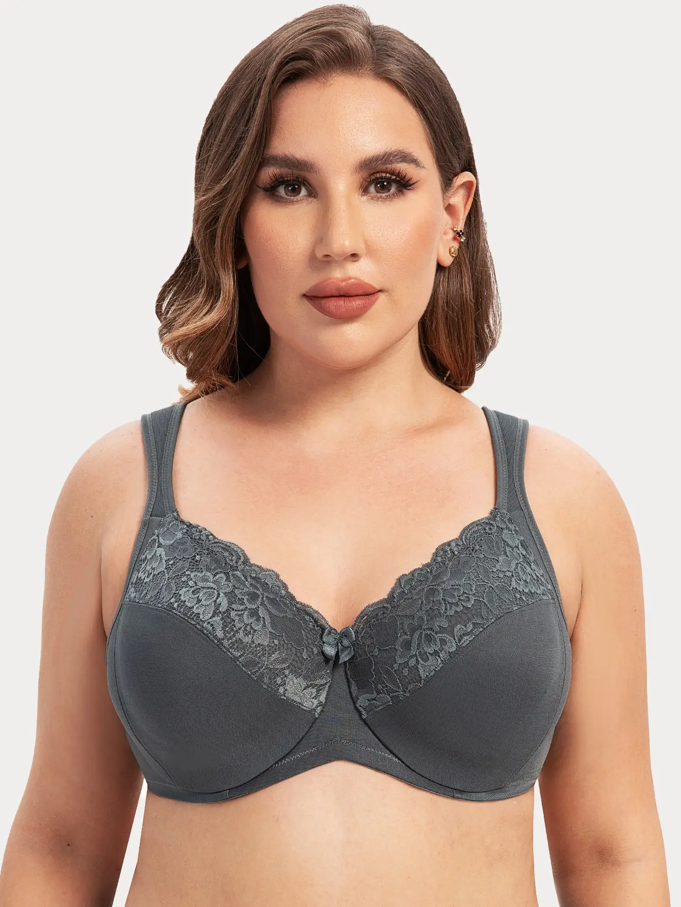 Biustonosz minimizer koronkowy z fiszbinami plus size – pełne pokrycie Ciemnoszary
