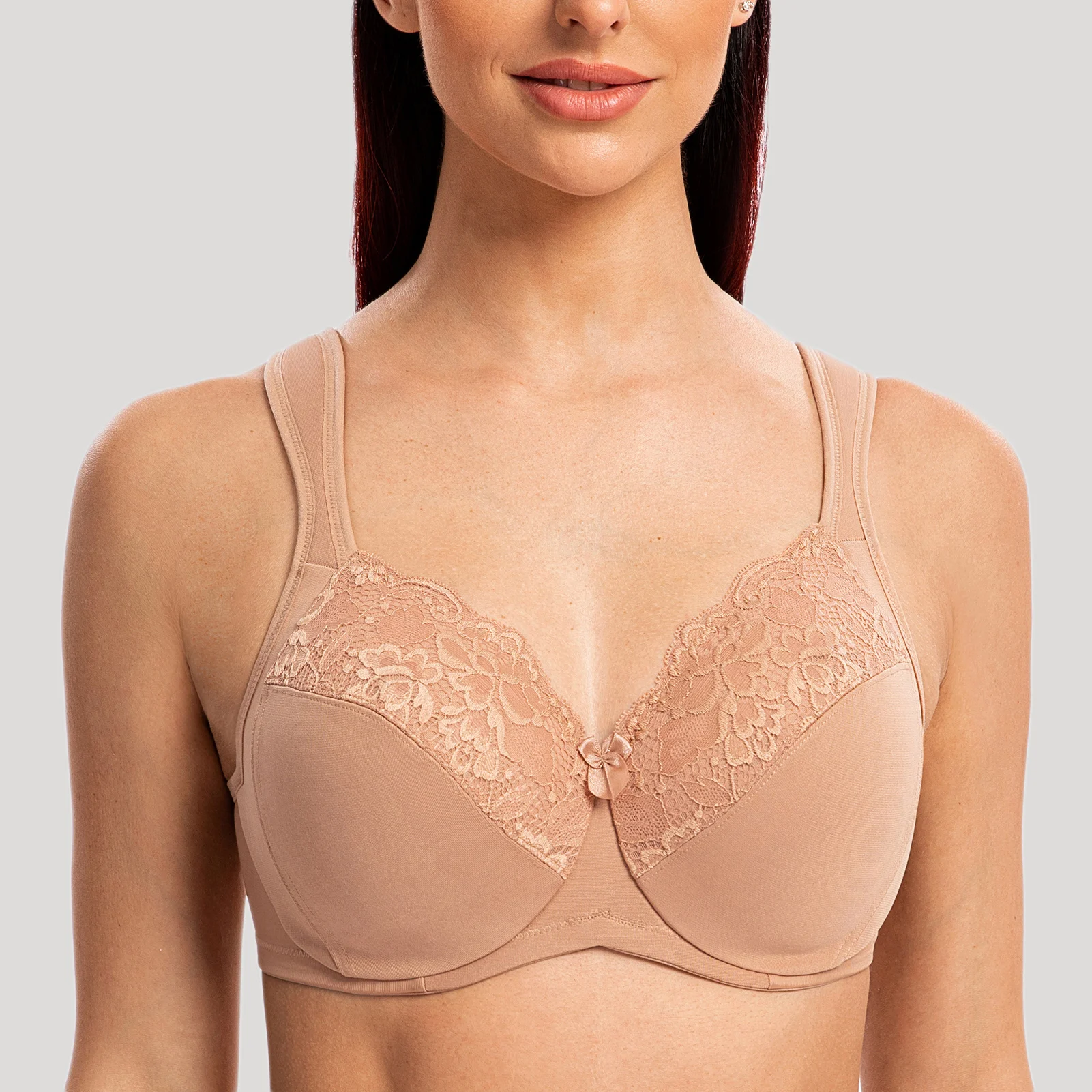 Biustonosz minimizer koronkowy z fiszbinami plus size – pełne pokrycie Khaki
