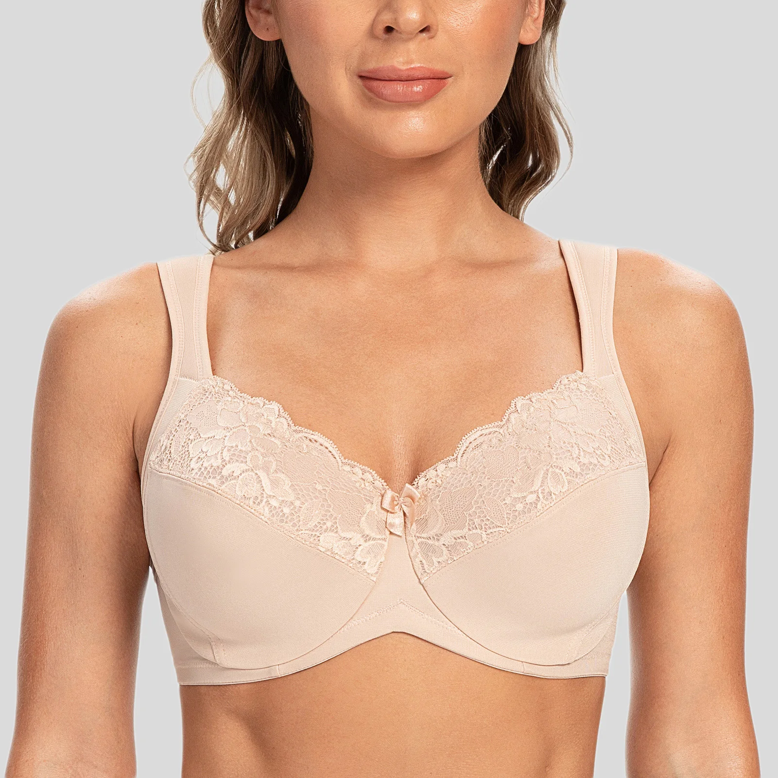 Biustonosz minimizer koronkowy z fiszbinami plus size – pełne pokrycie Nagi