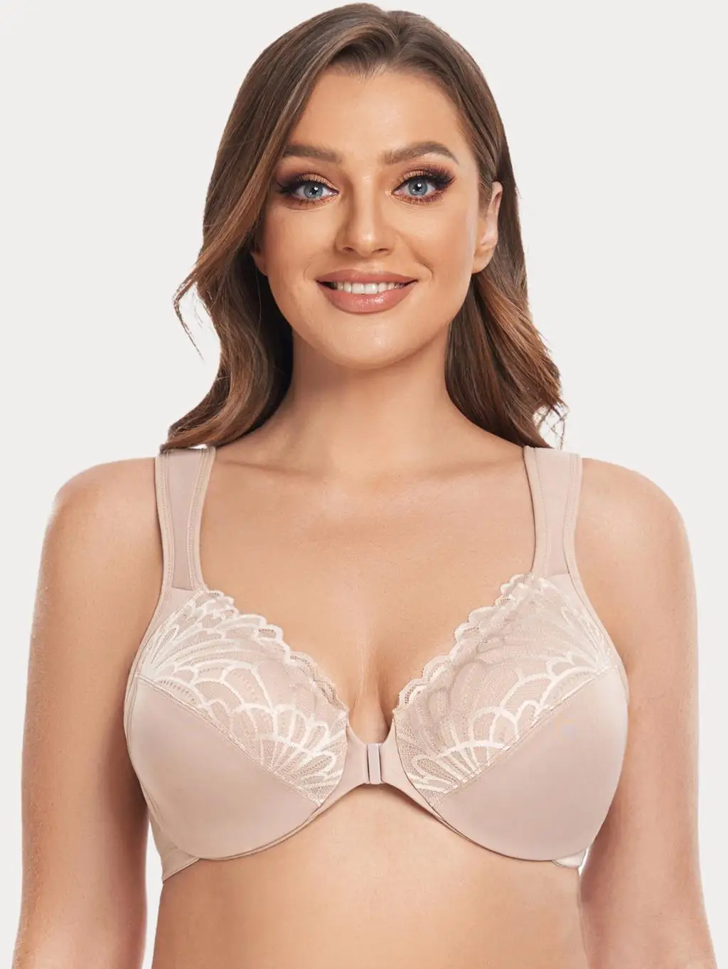 Biustonosz plus size z koronką i przednim zapięciem Beżowy