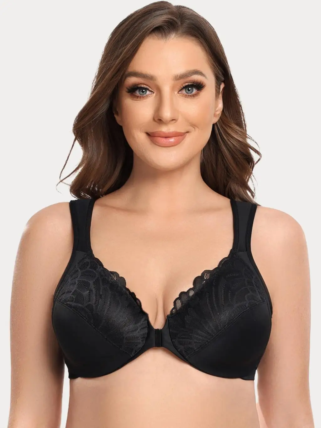 Biustonosz plus size z koronką i przednim zapięciem Czarny