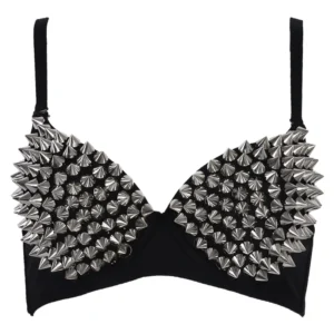 Biustonosz punk gotycki z nitami srebrnym wykończeniem — stanik bralette na imprezę Beżowy