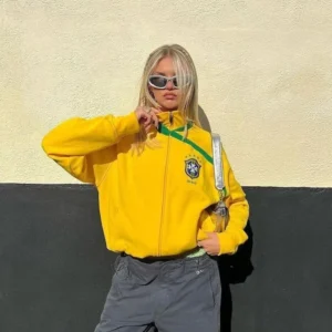 Bluza z flagą Brazylii w stylu retro Y2k na zamek żółty