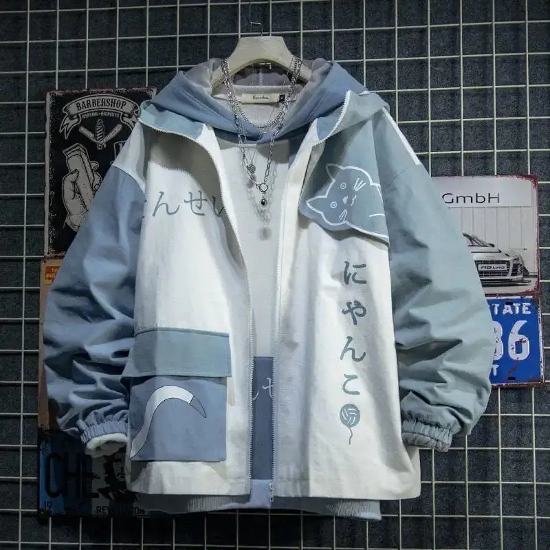 Bluza z kapturem z motywem rekina w stylu japońskim Niebieski